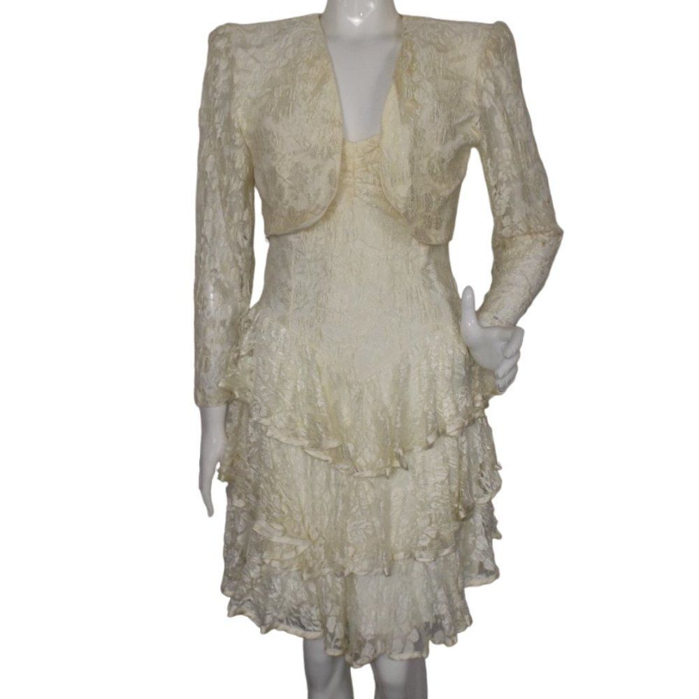 Vintage 80s NUANCE Dress/Jacket Set, XS, Lace, Yellowed, Ruffle Skirt, Bolero